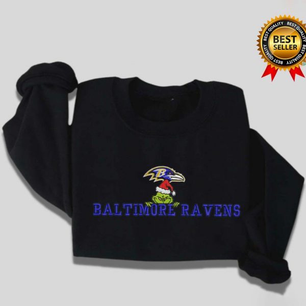 Grinch Christmas NFL Baltimore Ravens Football Embroidered Sweatshirts, T-Shirts, Hoodies