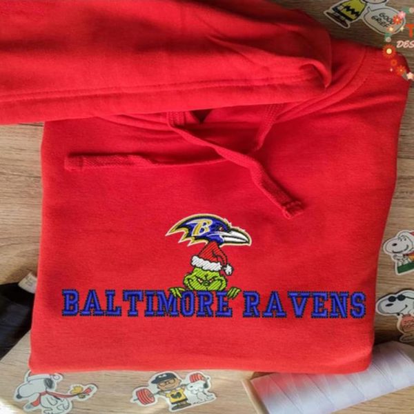 Grinch Christmas NFL Baltimore Ravens Football Embroidered Sweatshirts, T-Shirts, Hoodies