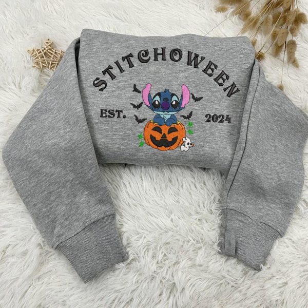 Halloween Stitch Embroidered Sweatshirt, Stitch Cartoon Shirt, Lilo and Stitch Cartoon, Halloween Embroidered Shirt