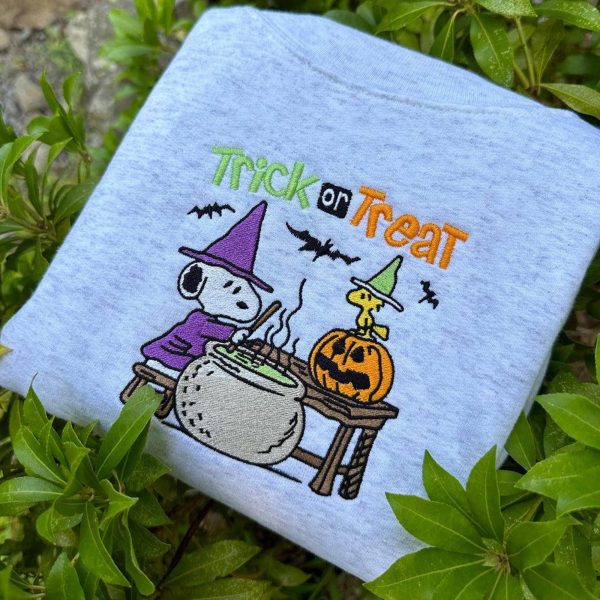 Snoopy Halloween Embroidery Sweatshirt, Trick Or Treat Embroidered Sweatshirt, Autumn Gift Fall Cozy Hoodie