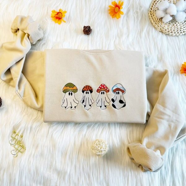 Embroidered Cute Halloween Mushroom Sweatshirt, Cute Ghost Mushroom Sweatshirt