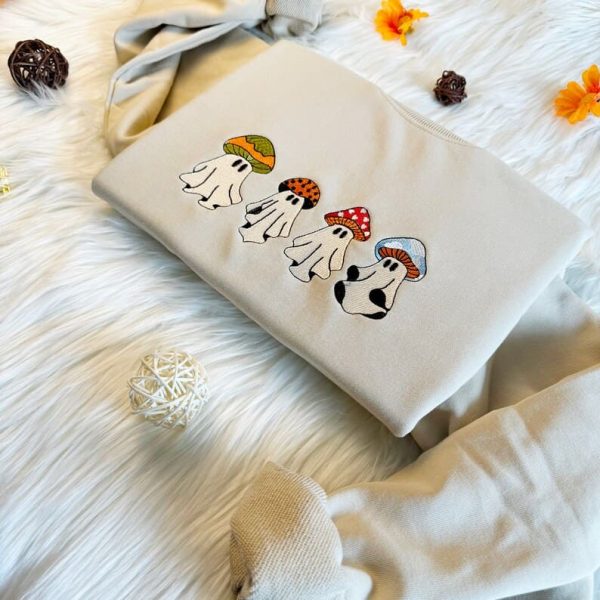 Embroidered Cute Halloween Mushroom Sweatshirt, Cute Ghost Mushroom Sweatshirt