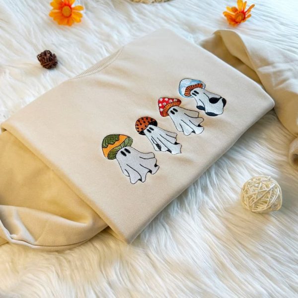 Embroidered Cute Halloween Mushroom Sweatshirt, Cute Ghost Mushroom Sweatshirt