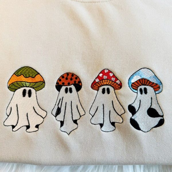 Embroidered Cute Halloween Mushroom Sweatshirt, Cute Ghost Mushroom Sweatshirt