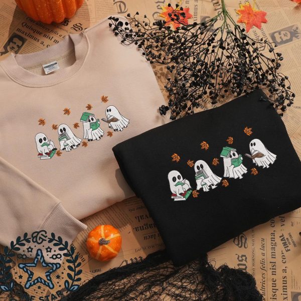 Cute Ghosts Reading Books Autumn Embroidered Sweatshirts, T-Shirts, Hoodies For Bookish