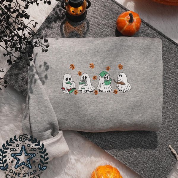 Cute Ghosts Reading Books Autumn Embroidered Sweatshirts, T-Shirts, Hoodies For Bookish