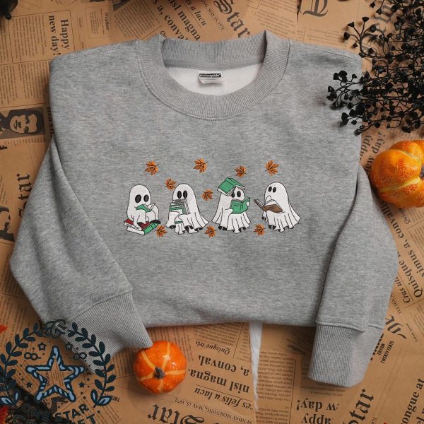 Cute Ghosts Reading Books Autumn Embroidered Sweatshirts, T-Shirts, Hoodies For Bookish