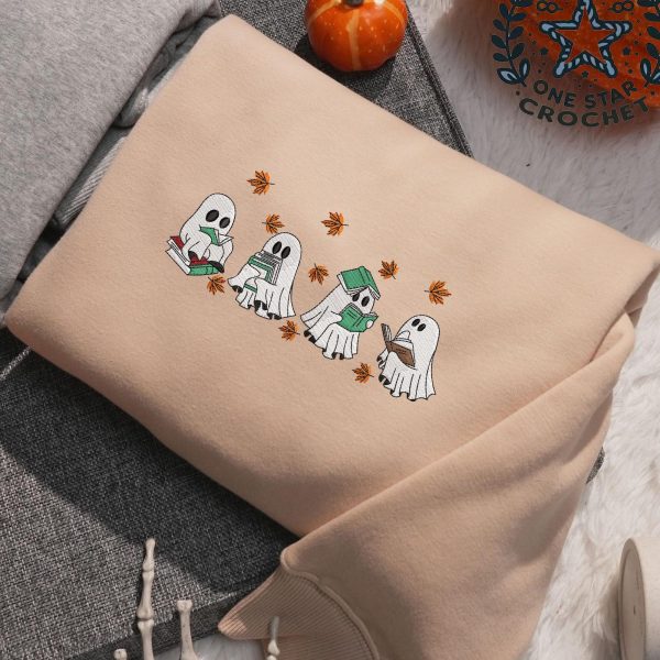 Cute Ghosts Reading Books Autumn Embroidered Sweatshirts, T-Shirts, Hoodies For Bookish