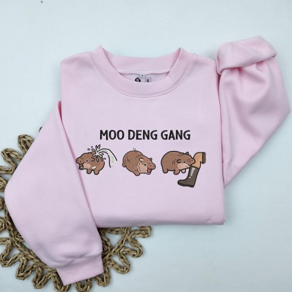 Funny Baby Pygmy Hippo Moo Deng Embroidered Sweatshirts, T-Shirts, Hoodies