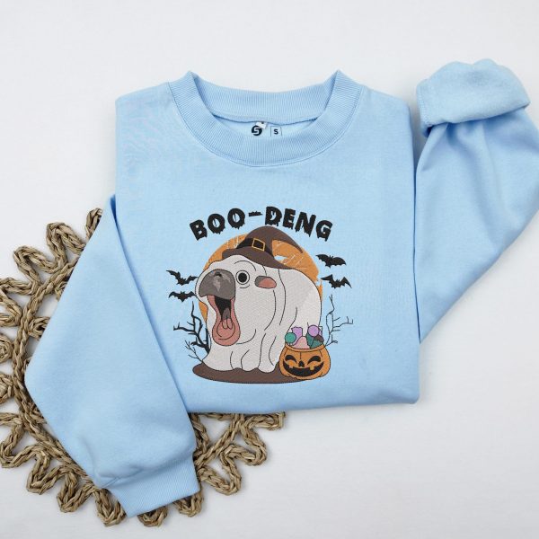 Cute Baby Pygmy Hippo Moo Deng Halloween Embroidered Sweatshirts, T-Shirts, Hoodies