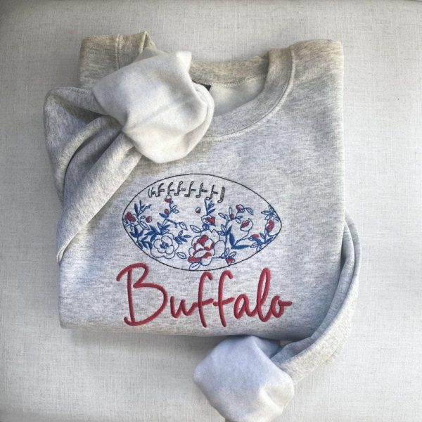 Red Buffalo Embroidered Sweatshirt, Buffalo Football Embroidered Hoodie, Floral Football Gift