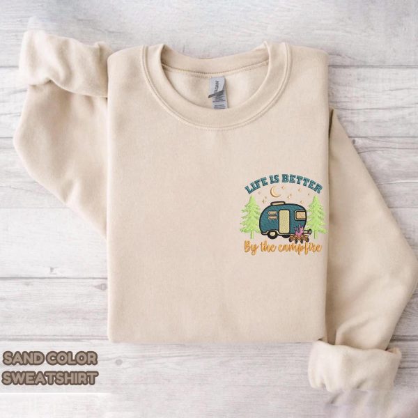 Life Is Better By The Campfire Happy Camper Embroidered Sweatshirts, T-Shirts, Hoodies