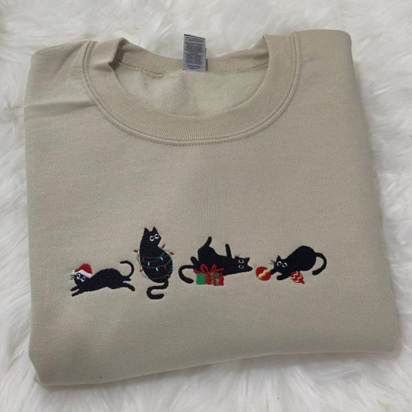 Christmas Cats Embroidered Sweatshirt, Christmas embroidered Hoodie