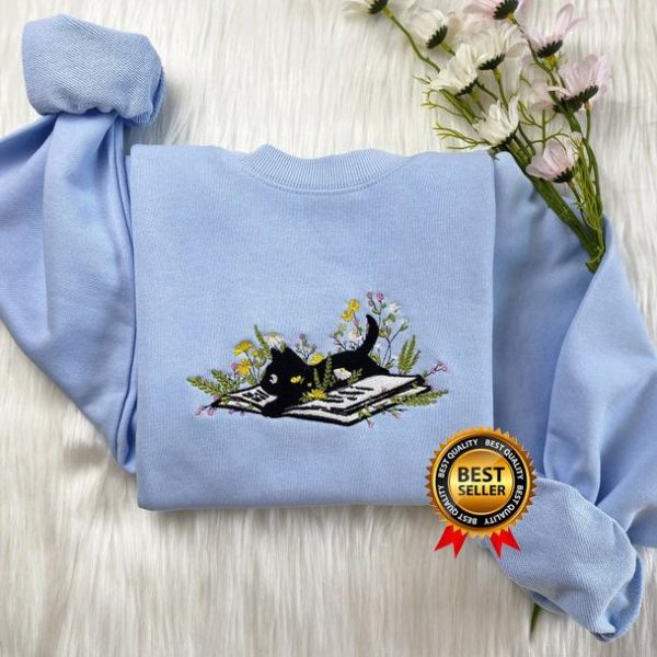 Embroidered Cute Cat Lying On Book With Flower Sweatshirt, Flower With Cat Embroidered Hoodie, Book Lover T-Shirt