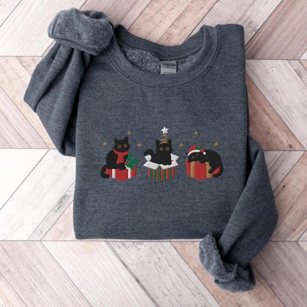 Embroidered Black Cat Sweatshirt, Cat Christmas Embroidered Hoodie for Women, Funny Xmas Crewneck, Gift for girlfriend