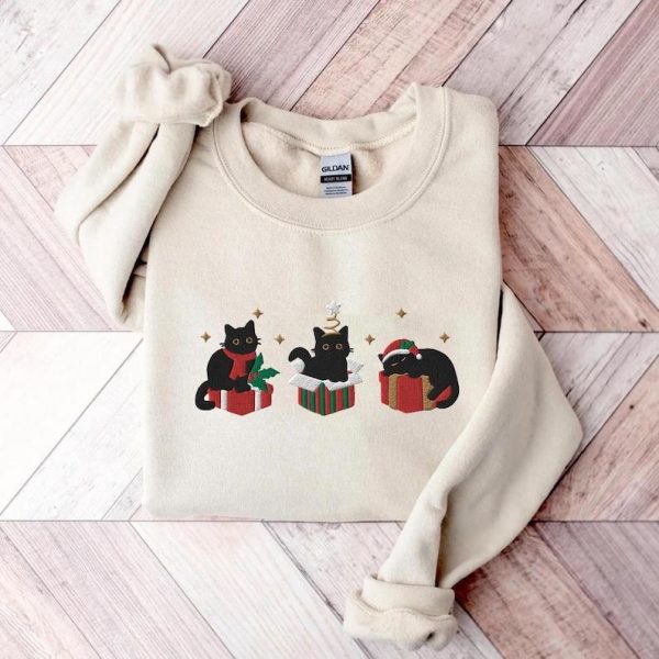 Embroidered Black Cat Sweatshirt, Cat Christmas Embroidered Hoodie for Women, Funny Xmas Crewneck, Gift for girlfriend