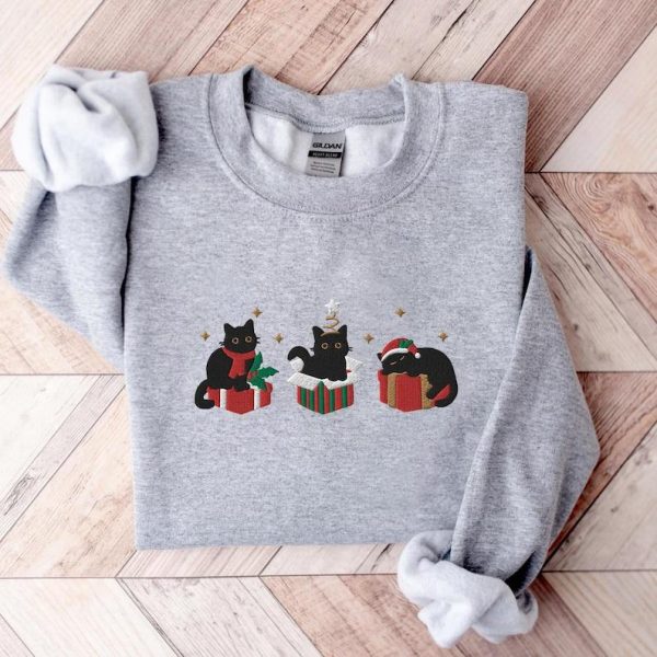 Embroidered Black Cat Sweatshirt, Cat Christmas Embroidered Hoodie for Women, Funny Xmas Crewneck, Gift for girlfriend