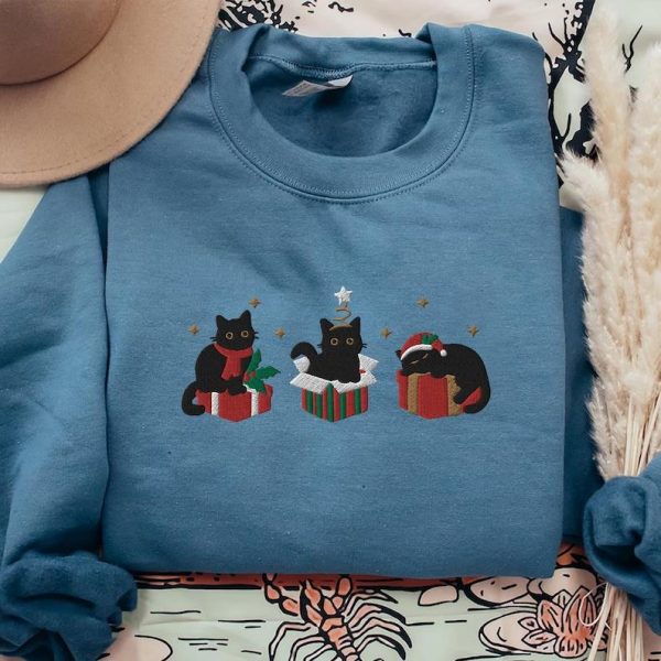 Embroidered Black Cat Sweatshirt, Cat Christmas Embroidered Hoodie for Women, Funny Xmas Crewneck, Gift for girlfriend