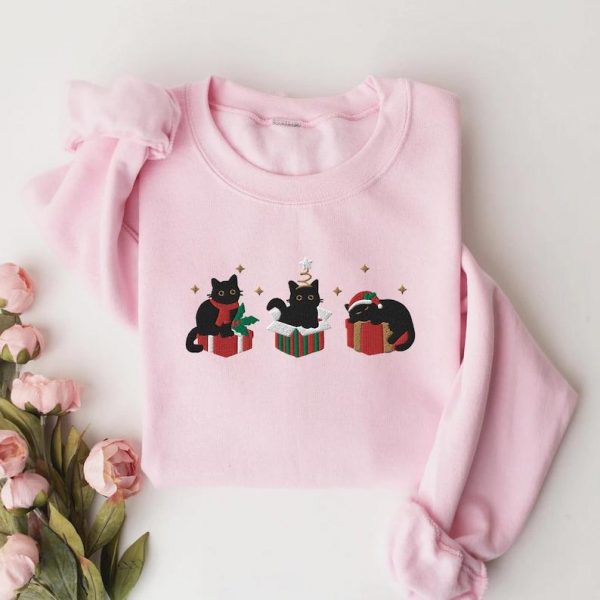 Embroidered Black Cat Sweatshirt, Cat Christmas Embroidered Hoodie for Women, Funny Xmas Crewneck, Gift for girlfriend