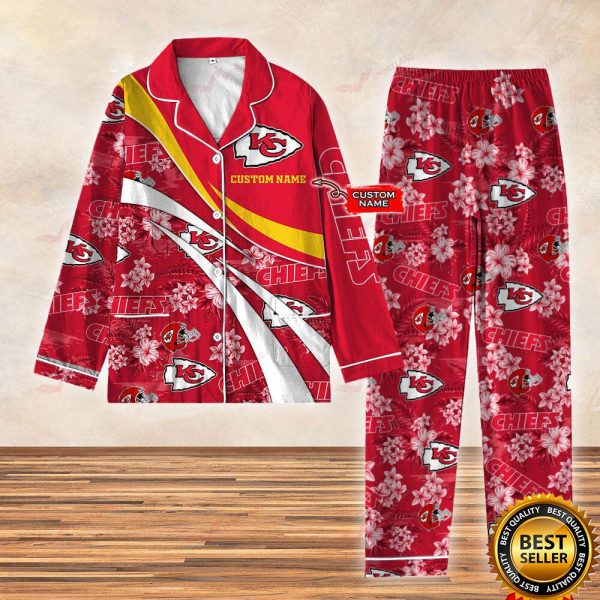 Personalized NFL Kansas City Chiefs Football Custom Name Christmas Satin Pajamas