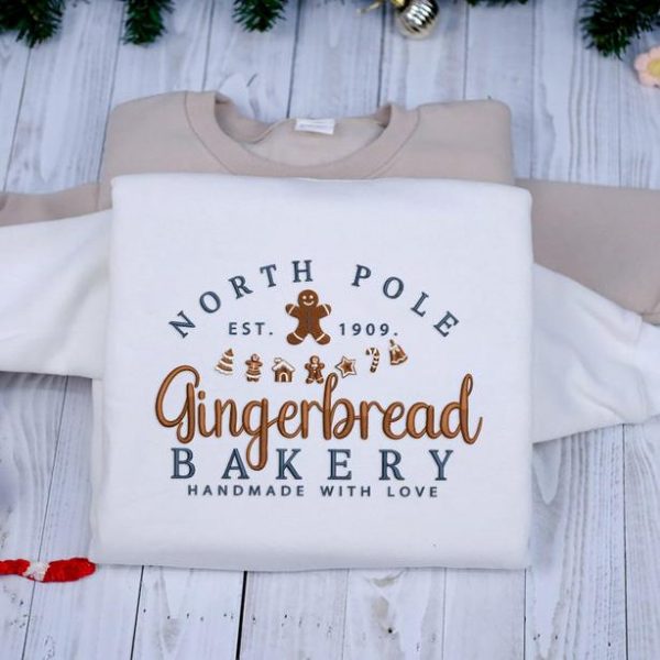 North Pole Gingerbread Bakery Handmade with Love Embroidered Christmas Holiday Sweatshirt