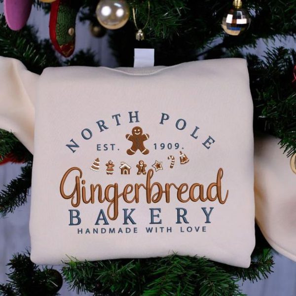 North Pole Gingerbread Bakery Handmade with Love Embroidered Christmas Holiday Sweatshirt