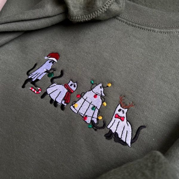 Cat Christmas Embroidered Sweatshirt, Cat Embroidered Sweater, Christmas Cat Embroidered Hoodie