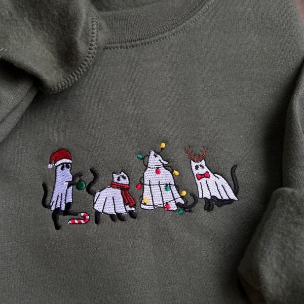 Cat Christmas Embroidered Sweatshirt, Cat Embroidered Sweater, Christmas Cat Embroidered Hoodie