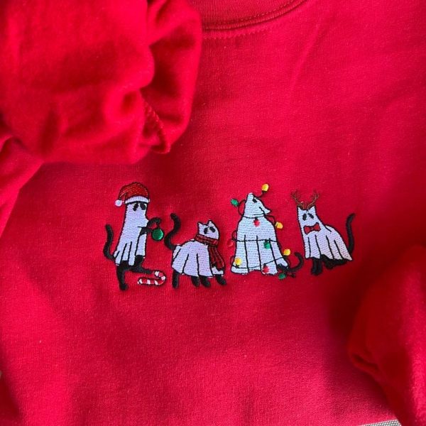 Cat Christmas Embroidered Sweatshirt, Cat Embroidered Sweater, Christmas Cat Embroidered Hoodie