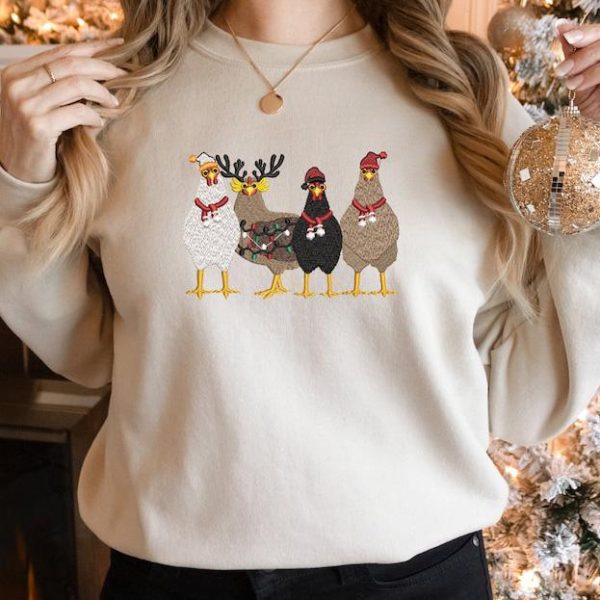 Embroidered Cute Christmas Chickens Sweatshirt, Funny Christmas Chicken Hoodie, Christmas Crewneck, Holiday Sweatshirt