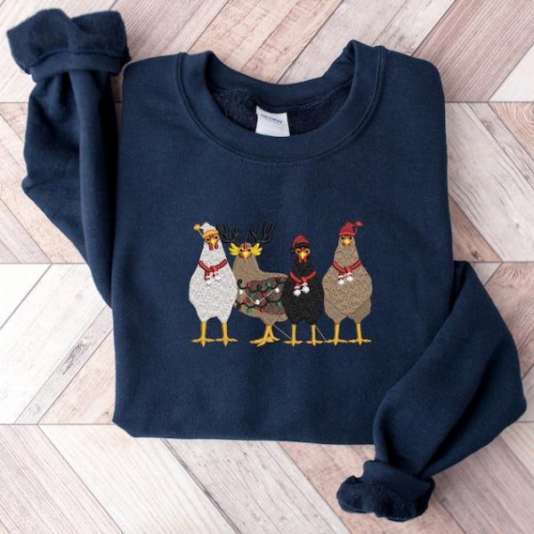 Embroidered Cute Christmas Chickens Sweatshirt, Funny Christmas Chicken Hoodie, Christmas Crewneck, Holiday Sweatshirt