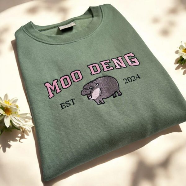 Embroidered Moo Deng Est 2024 Sweatshirt, Embroidered Baby Pygmy Hippo Moo Deng Sweater Crewneck, Moo Deng Fan Club Gift