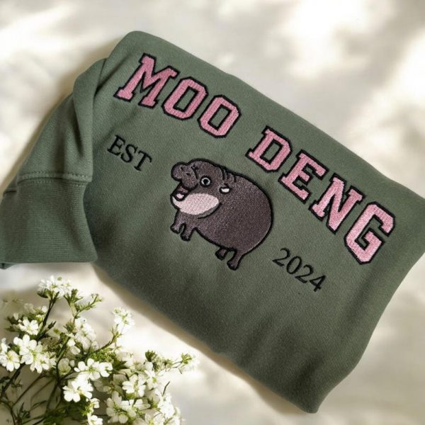 Embroidered Moo Deng Est 2024 Sweatshirt, Embroidered Baby Pygmy Hippo Moo Deng Sweater Crewneck, Moo Deng Fan Club Gift