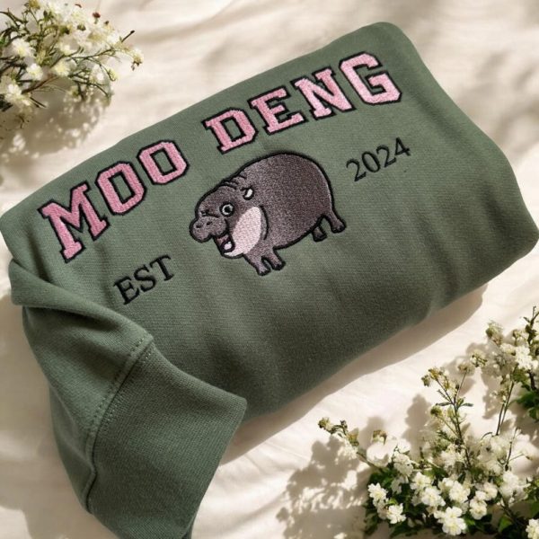 Embroidered Moo Deng Est 2024 Sweatshirt, Embroidered Baby Pygmy Hippo Moo Deng Sweater Crewneck, Moo Deng Fan Club Gift