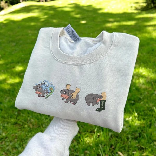 Funny Baby Pygmy Hippo Moo Deng Embroidered Sweatshirts, T-Shirts, Hoodies