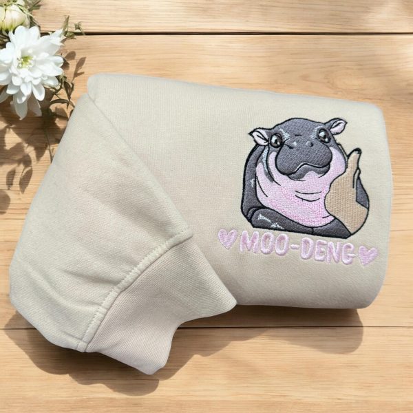 Funny Baby Pygmy Hippo Moo Deng Embroidered Sweatshirts, T-Shirts, Hoodies