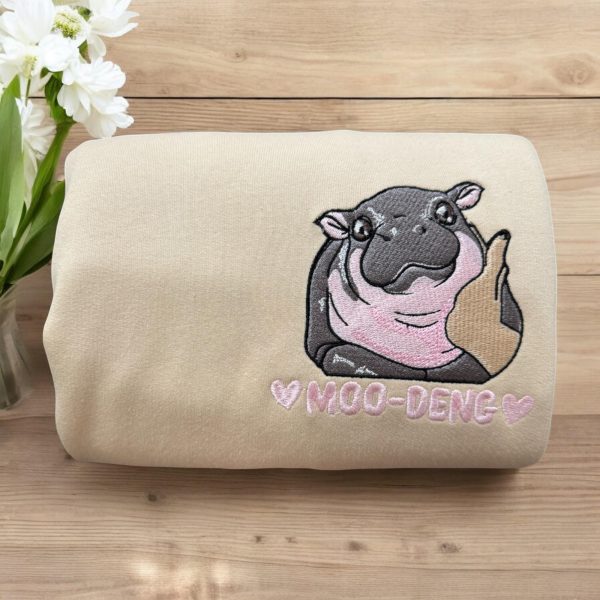 Funny Baby Pygmy Hippo Moo Deng Embroidered Sweatshirts, T-Shirts, Hoodies