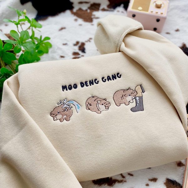 Funny Baby Pygmy Hippo Moo Deng Gang Embroidered Sweatshirts, T-Shirts, Hoodies