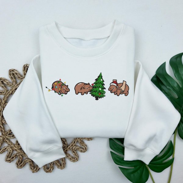 Funny Baby Pygmy Hippo Moo Deng Christmas Tree Embroidered Sweatshirts, T-Shirts, Hoodies