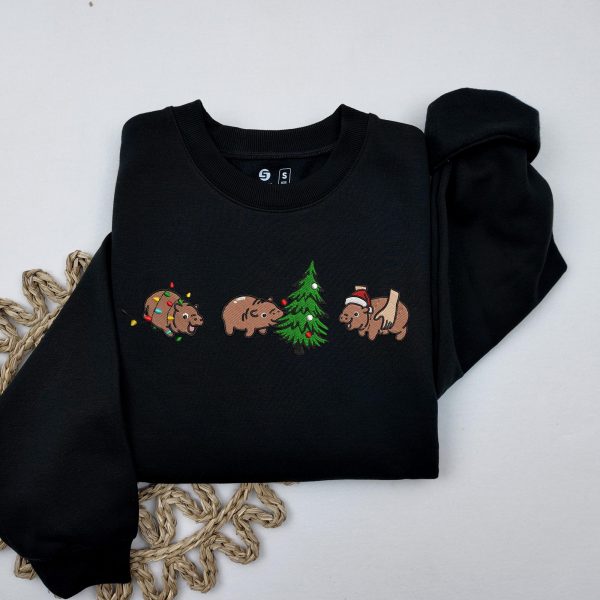 Funny Baby Pygmy Hippo Moo Deng Christmas Tree Embroidered Sweatshirts, T-Shirts, Hoodies