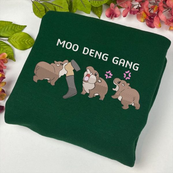 Funny Baby Pygmy Hippo Moo Deng Gang Embroidered Sweatshirts, T-Shirts, Hoodies