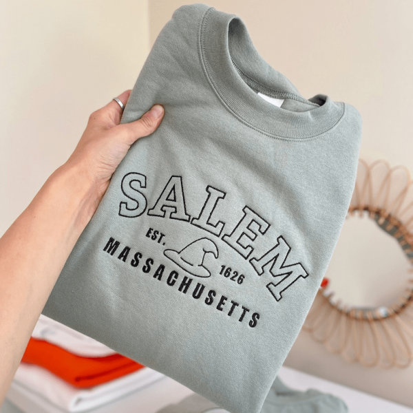 Salem Massachusetts Embroidered Sweatshirt, Retro Halloween Salem Witches Embroidered Hoodie