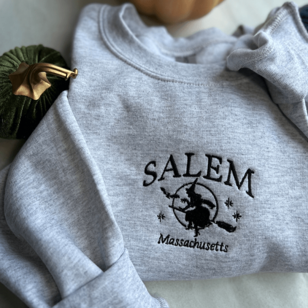 Embroidered Salem Massachusetts Halloween Sweatshirt, Retro Style Halloween Salem Witches Hoodie