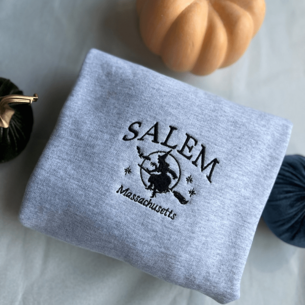 Embroidered Salem Massachusetts Halloween Sweatshirt, Retro Style Halloween Salem Witches Hoodie