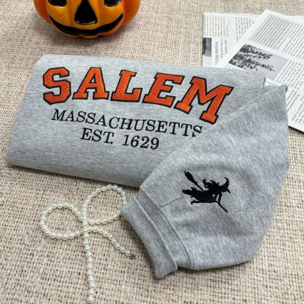 Salem Massachusetts Embroidered Sweatshirt Hoodie, Hocus Pocus Halloween Spooky Crewneck Sweatshirt, Halloween Gift for him