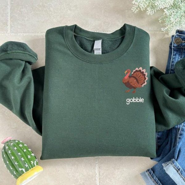 Gobble Embroidery Sweatshirt, Embroidered Turkey Hoodie, Thankful Turkey Gift, Thanksgiving Fall Crewneck