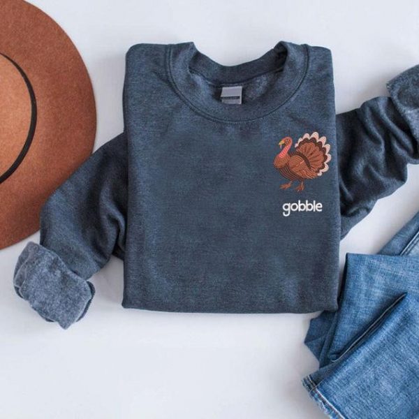 Gobble Embroidery Sweatshirt, Embroidered Turkey Hoodie, Thankful Turkey Gift, Thanksgiving Fall Crewneck