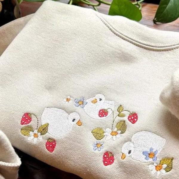 Strawberry Duck Embroidered Crewneck Sweatshirt, Cute Duck Embroidered Crewneck, Funny Shirt Animal Lover Gift Hoodie