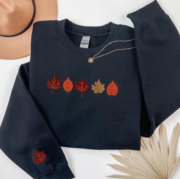 Embroidered Fall Leaves Sweatshirt, Fall Hoodie for Women, Thanksgiving Crewneck, Spooky Season