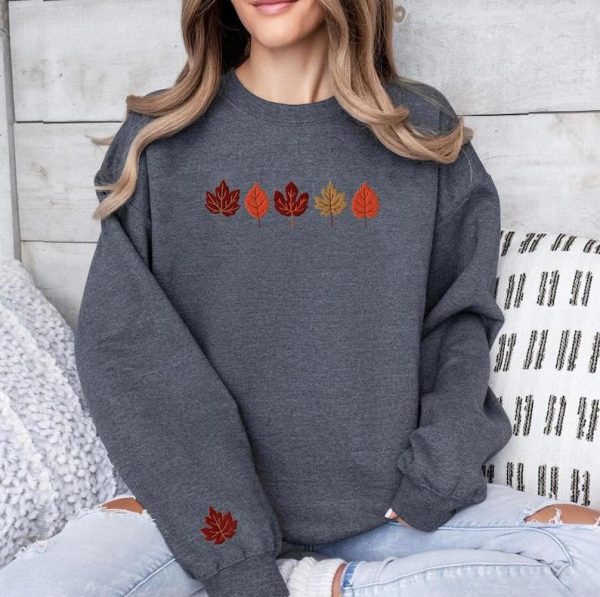 Embroidered Fall Leaves Sweatshirt, Fall Hoodie for Women, Thanksgiving Crewneck, Spooky Season